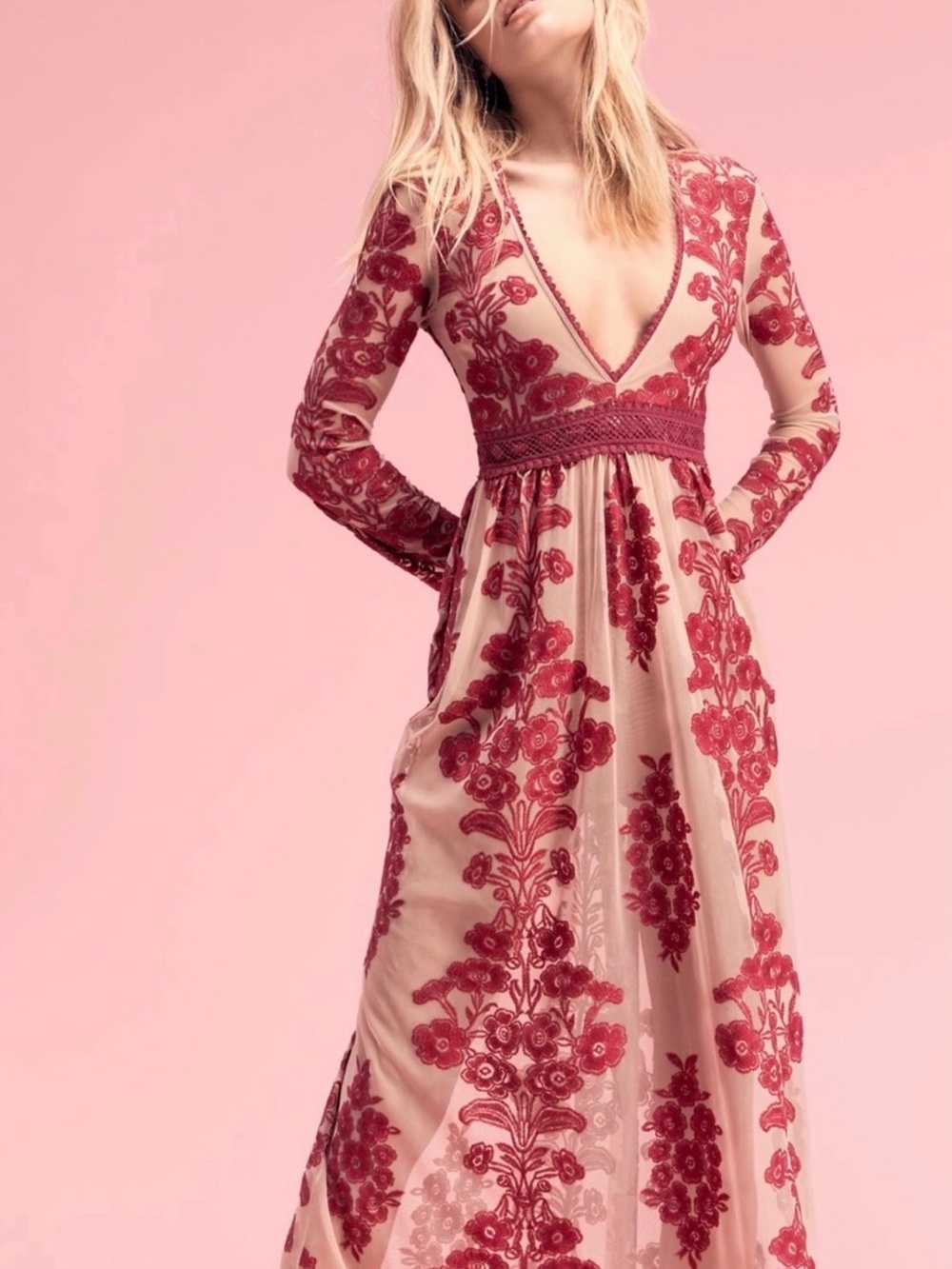 For Love & Lemons Temecula Nude Maxi Dress with Rose Red Embroidery